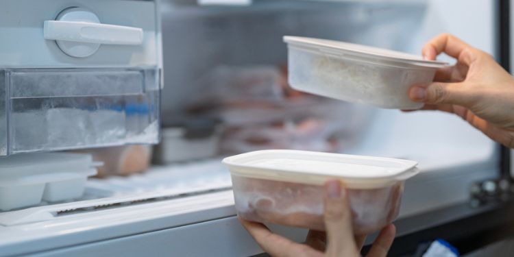 タッパーに詰めた料理を冷蔵庫に入れる