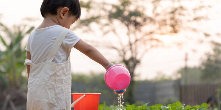 朝水やりをする子どものイメージ