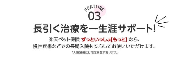 FEATURE03 長引く治療を一生涯サポート！楽天ペット保険 ずっといっしょ[もっと] なら、慢性疾患などでの長期入院も安心してお使いいただけます。*入院補償には限度日数があります。