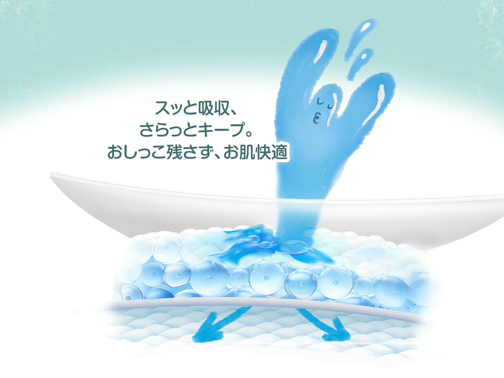 スッと吸収、さらっとキープ。おしっこ残さず、お肌快適