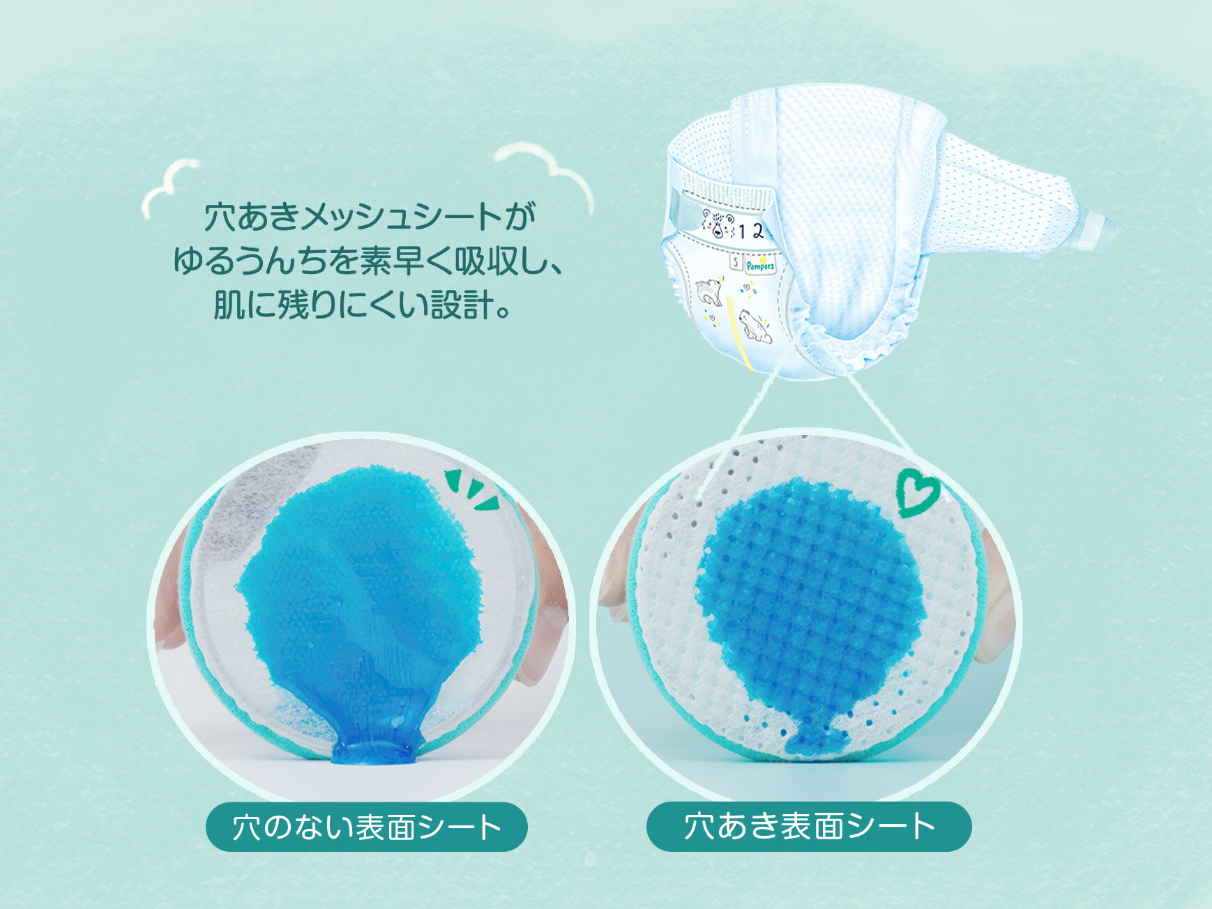 穴あきメッシュシートがゆるうんちを素早く吸収し、肌に残りにくい設計。