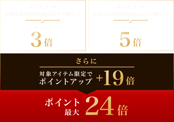 29,999円(税込)以下の購入でポイント3倍、30,000円(税込)以上の購入でポイント5倍。ポイントアップしている対象アイテムを購入でポイント最大24倍。