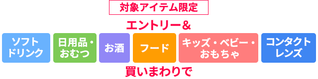 対象アイテム限定エントリー＆ソフトドリンク　日用品・おむつ　お酒　フード　キッズ・ベビー・おもちゃ　コンタクトレンズ 買いまわりで