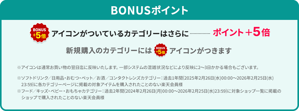 BONUSポイント BONUS+5倍アイコンがついているカテゴリーはさらにポイント＋5倍 新規購入のカテゴリーにはBONUS+5倍アイコンがつきます ※アイコンは通常お買い物の翌日迄に反映いたします。一部システムの混雑状況などにより反映に2～3日かかる場合もございます。 ※ソフトドリンク／日用品・おむつ・ペット／お酒／コンタクトレンズカテゴリー：過去1年間(2025年2月26日(水)00:00～2026年2月25日(水)23:59)に各カテゴリーページに掲載の対象アイテムを購入されたことのない楽天会員様 ※フード／キッズ・ベビー・おもちゃカテゴリー：過去2年間(2024年2月26日(月)00:00～2026年2月25日(水)23:59)に対象ショップ一覧に掲載のショップで購入されたことのない楽天会員様