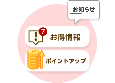 お気に入り商品のポイントアップや値下げ通知などあなただけの最新おトク情報が届く！