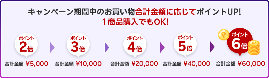 キャンペーン期間中のお買い物合計金額に応じてポイントUP！1商品購入でもOK!ポイント最大6倍