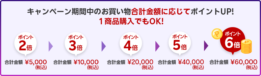 キャンペーン期間中のお買い物合計金額に応じてポイントUP！1商品購入でもOK!ポイント最大6倍