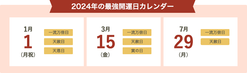 2024年の最強開運日カレンダー 1月1日（月祝）一流万倍日&天赦日&天恩日、3月15日（金）一流万倍日&天赦日&寅の日、7月29日（月）一流万倍日&天赦日