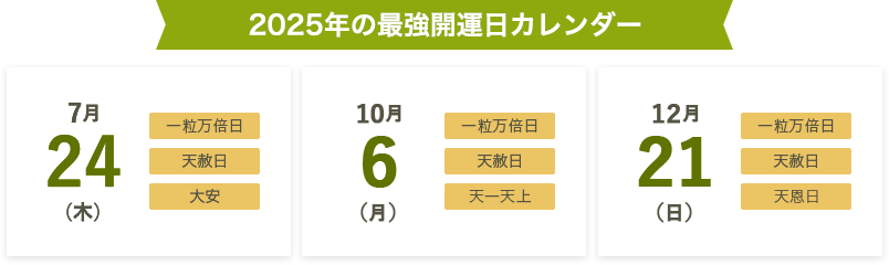 2025年の最強開運日カレンダー 7月24日(木)、10月6日(月)、12月21日(日)