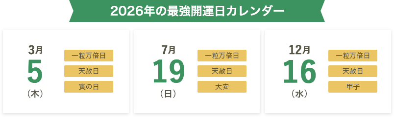 2026年の最強開運日カレンダー 3月5日(木)、7月19日(日)、12月16日(水)