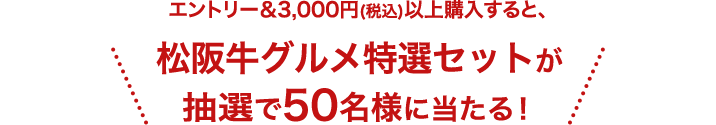 エントリー＆3,000円(税込)以上購入すると、松阪牛グルメ特選セットが抽選で50名様に当たる！