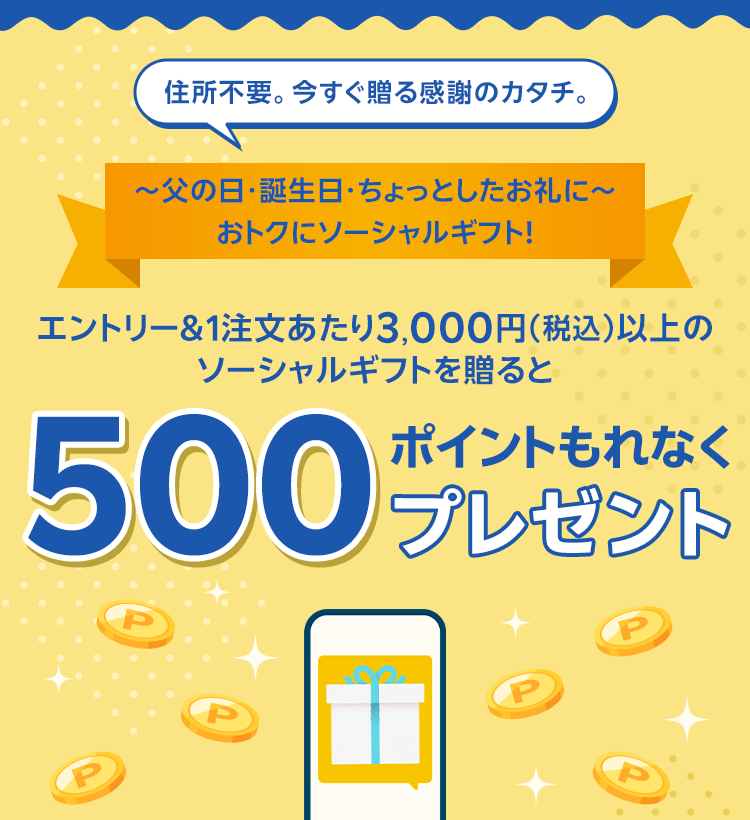 1注文あたり3,000円(税込)以上のソーシャルギフトを贈ると、500ポイントプレゼント！