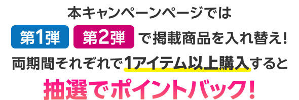 本キャンペーンページでは第1弾 第2弾で掲載商品を入れ替え！両期間それぞれで1アイテム以上購入すると抽選でポイントバック！