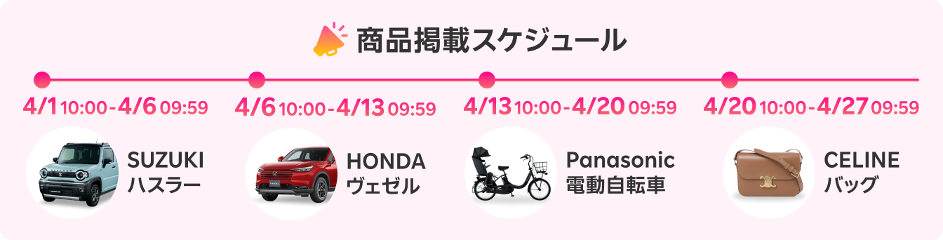 商品掲載スケジュール 4/1 10:00-4/6 09:59 SUZUKIハスラー 4/6 10:00-4/13 09:59 HONDAヴェゼル 4/13 10:00-4/20 09:59 Panasonic電動自転車 4/20 10:00-4/27 09:59 CELINEバッグ