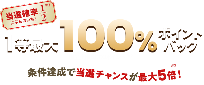 対象ショップ限定！当選確率2分の1！条件達成で当選チャンスが最大5倍！1等最大100%ポイントバックキャンペーン（上限あり）