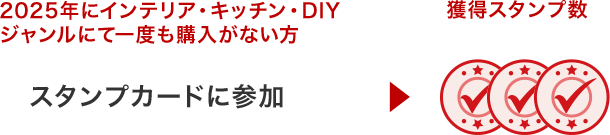 2025年にインテリア・キッチン・DIYジャンルにて一度も購入がない方はスタンプカードに参加でスタンプ3つ獲得