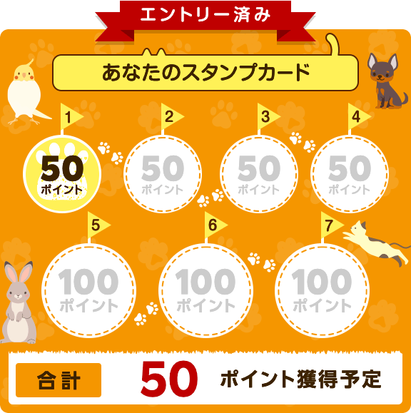 エントリー済み。あなたのスタンプカード。合計50ポイント獲得予定。