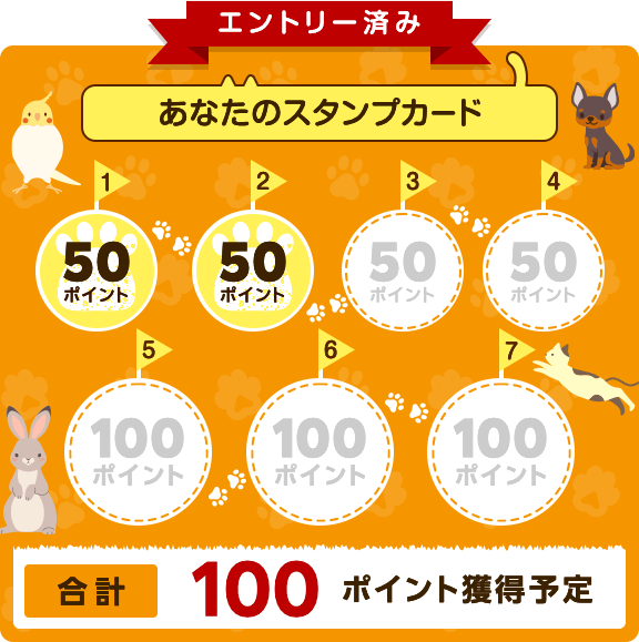 エントリー済み。あなたのスタンプカード。合計100ポイント獲得予定。