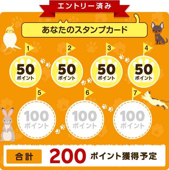 エントリー済み。あなたのスタンプカード。合計200ポイント獲得予定。