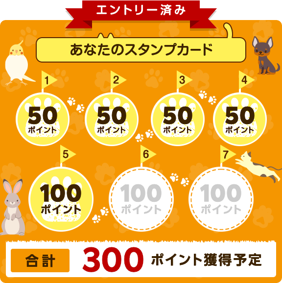 エントリー済み。あなたのスタンプカード。合計300ポイント獲得予定。