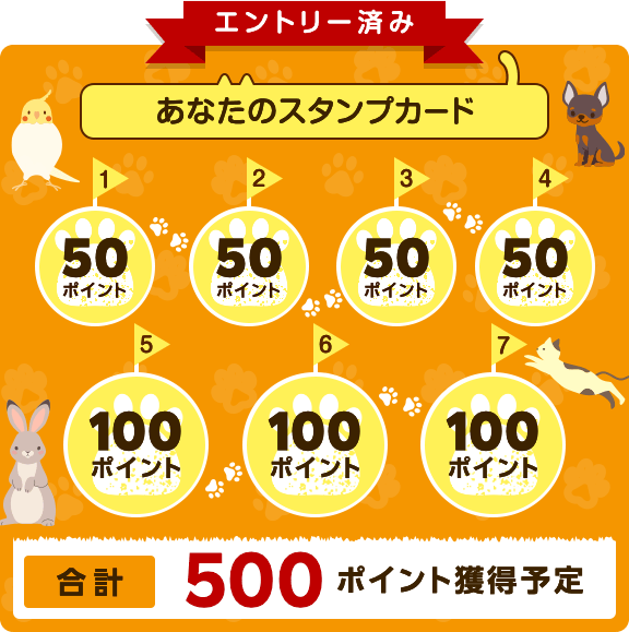 エントリー済み。あなたのスタンプカード。合計500ポイント獲得予定。
