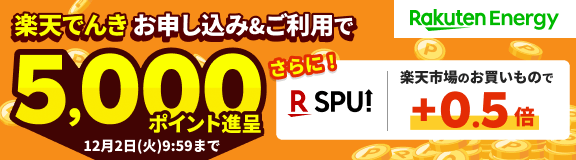 楽天でんきお申し込み&ご利用で5,000ポイント贈呈 12月2日(火)9:59まで さらに!RSPU 楽天市場のお買いもので+0.5倍