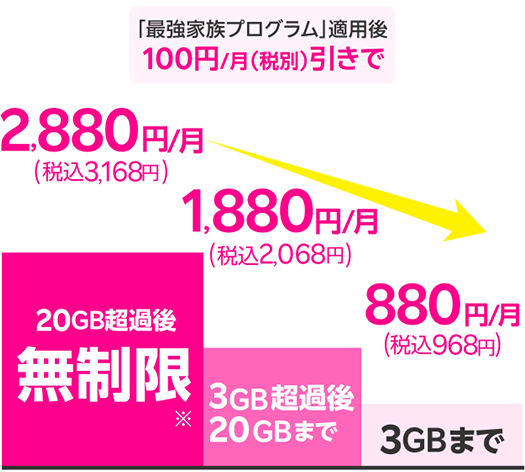 「最強家族プログラム」適用後 100円/月(税別)引きで 20GB超過後無制限※ 2,880円/月(税込3,168円) 3GB超過後20GBまで 1,880円/月(税込2,068円) 3GBまで 880円/月(税込968円)