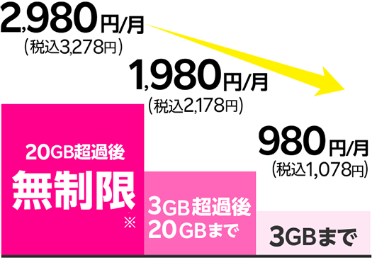 20GB超過後無制限※ 2,980円/月(税込3,278円) 3GB超過後20GBまで 1,980円/月(税込2,178円) 3GBまで 980円/月(税込1,078円)