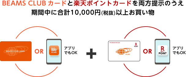 BEAMS CLUB カードと楽天ポイントカードを両方提示のうえ期間中に合計10,000円(税抜)以上お買い物(アプリでもOK)