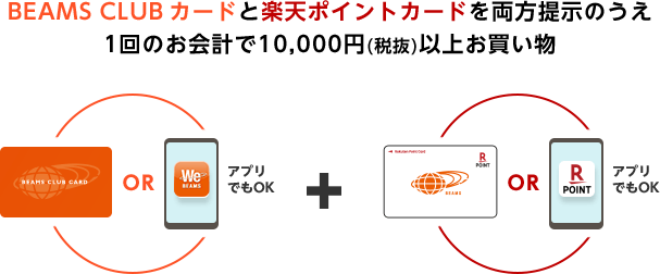 BEAMS CLUB カードと楽天ポイントカードを両方提示のうえ1回のお会計で合計10,000円(税抜)以上お買い物(アプリでもOK)
