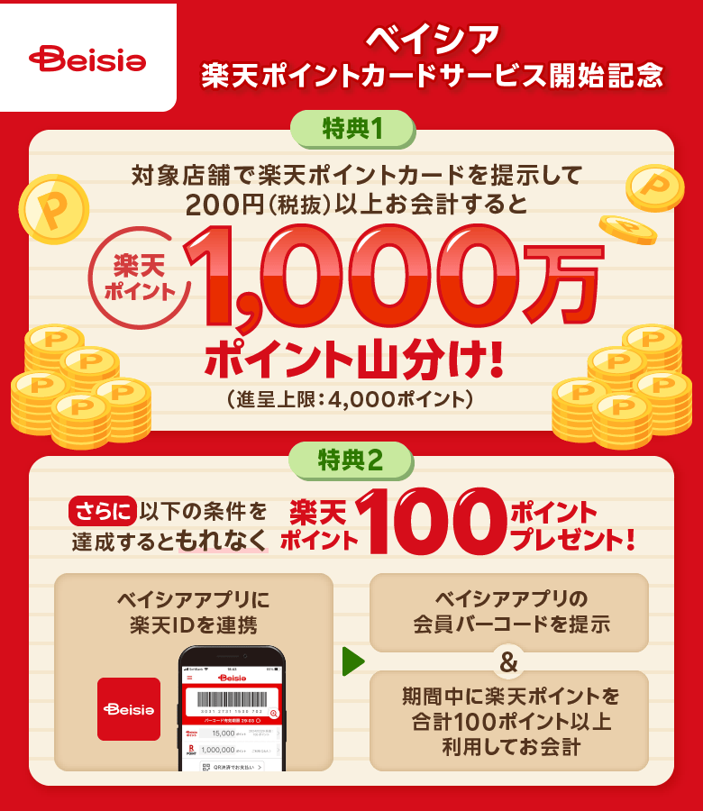 【ベイシア】ベイシア楽天ポイントカードサービス開始記念 特典1：対象店舗で楽天ポイントカードを提示して200円（税抜）以上お会計すると楽天ポイント1,000万ポイント山分け！（進呈上限：4,000ポイント） 特典2：さらにベイシアアプリに楽天IDを連携して会員バーコードを提示＆期間中に楽天ポイントを合計100ポイント以上利用してお会計するともれなく楽天ポイント100ポイントプレゼント！