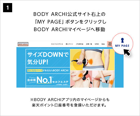 [1]BODY ARCHI公式サイト右上の「MY PAGE」ボタンをクリックしBODY ARCHIマイページへ移動※BODY ARCHIアプリ内のマイページからも楽天ポイント口座番号を登録いただけます。