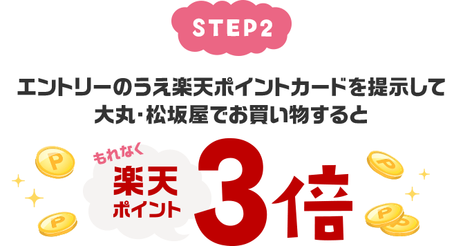 【STEP2】エントリーのうえ楽天ポイントカードを提示して大丸・松坂屋でお買い物するともれなく楽天ポイント3倍