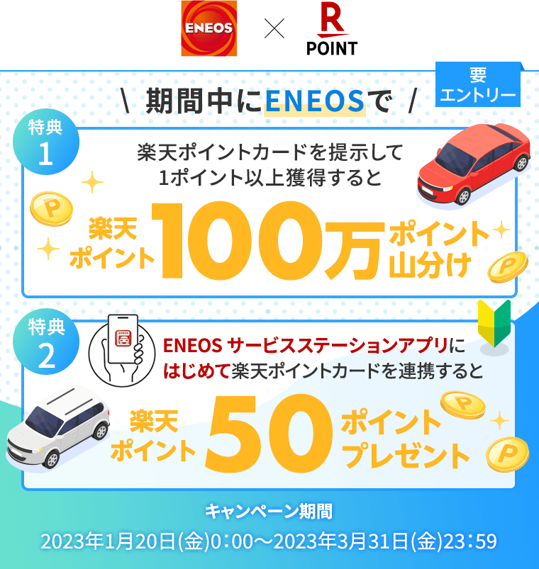 【ENEOS×楽天ポイントカード】期間中にENEOSで[特典1]楽天ポイントカードを提示して1ポイント以上獲得すると、楽天ポイント100万ポイント山分け[特典2]ENEOS サービスステーションアプリにはじめて楽天ポイントカードを連携すると、楽天ポイント50ポイントプレゼント(要エントリー)キャンペーン期間 2023年1月20日(金)0:00～2023年3月31日(金)23:59