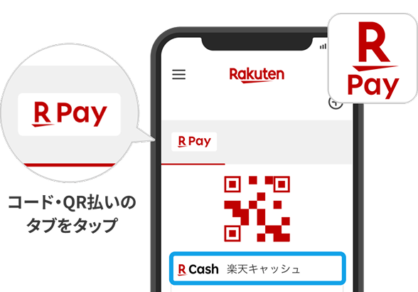楽天ペイアプリ内のコード・QR払いのタブをタップ