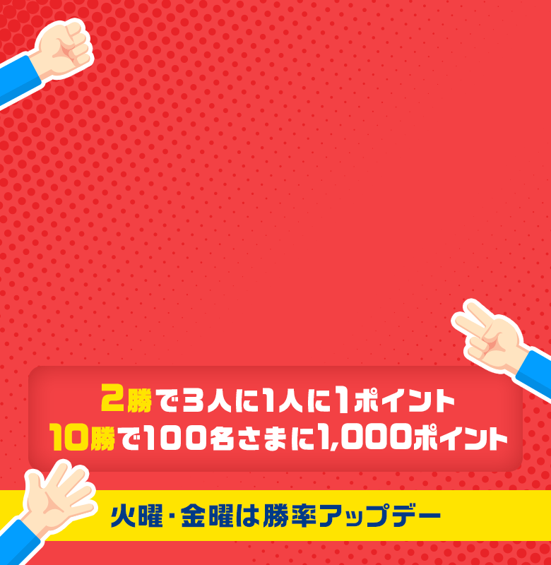 2勝で3人に1人に1ポイント、10勝で1,000ポイント当たるチャンス！（火曜・金曜は勝率アップデー）