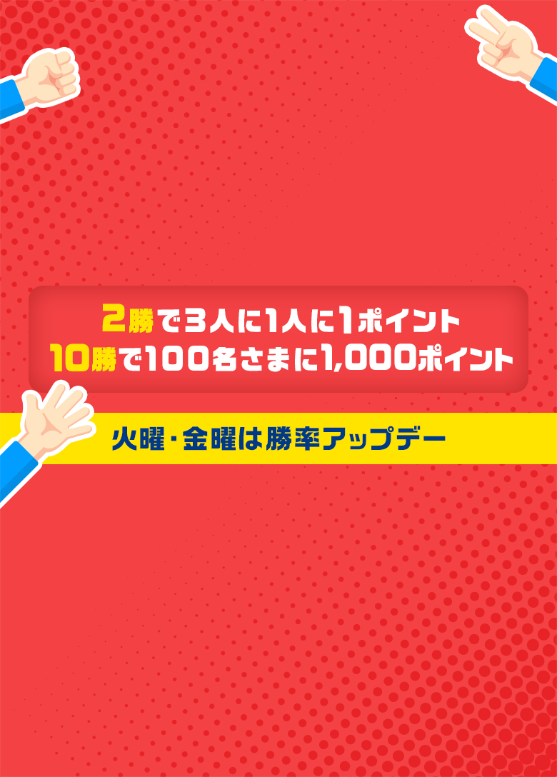 2勝で3人に1人に1ポイント、10勝で1,000ポイント当たるチャンス！（火曜・金曜は勝率アップデー）