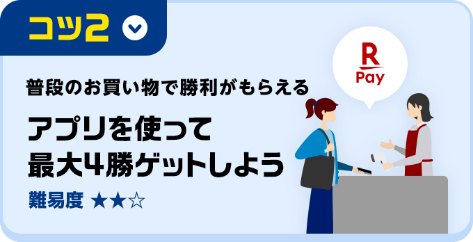 コツ2 普段のお買い物で勝利がもらえるアプリを使って最大4勝ゲットしよう(難易度★2)