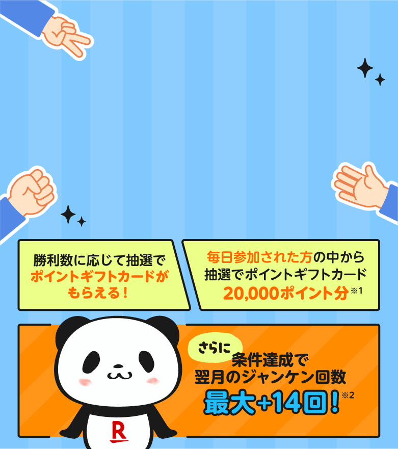 勝利数に応じて抽選でポイントギフトカードがもらえる！ 毎日参加された方の中から抽選でポイントギフトカード20,000ポイント分※1 さらに：条件達成で翌月のジャンケン回数最大＋14回！※2