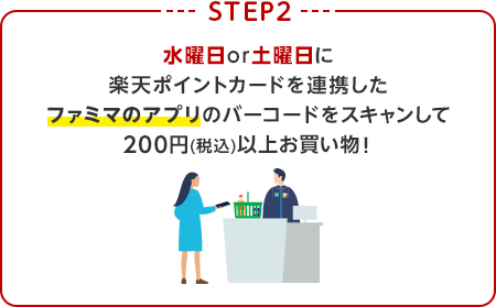 【STEP2】水曜日or土曜日に楽天ポイントカードを連携したファミマのアプリのバーコードをスキャンして200円(税込)以上お買い物！