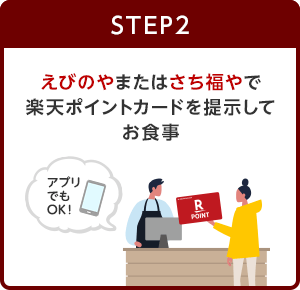 【STEP2】えびのやまたはさち福やで楽天ポイントカードを提⽰してお⾷事(アプリでもOK！)