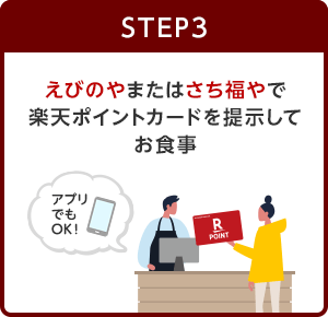 【STEP3】えびのやまたはさち福やで楽天ポイントカードを提⽰してお⾷事(アプリでもOK！)