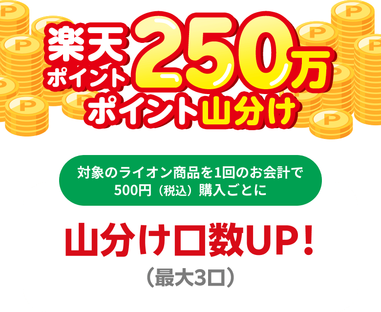 楽天ポイント250万ポイント山分け 対象のライオン商品を1回のお会計で500円(税込)購入ごとに山分け口数UP!(最大3口)