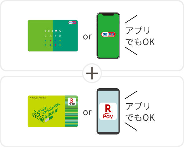 セイムスポイントカードorアプリでもOK ＋ 楽天ポイントカードorアプリでもOK