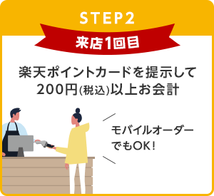 【STEP2】来店1回目：楽天ポイントカードを提示して200円(税込)以上お会計(モバイルオーダーでもOK！)