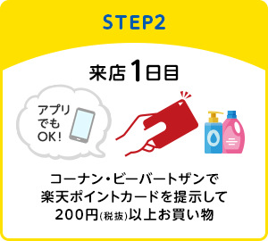 【STEP2】来店1日目 コーナン・ビーバートザンで楽天ポイントカードを提示して200円(税抜)以上お買い物(アプリでもOK！)