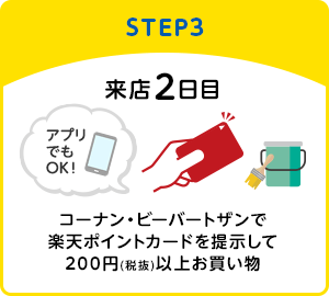 【STEP3】来店2日目 コーナン・ビーバートザンで楽天ポイントカードを提示して200円(税抜)以上お買い物(アプリでもOK！)