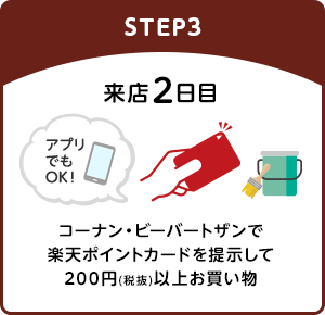 [step3] 来店2日目 コーナン・ビーバートザンで楽天ポイントカードを提示して200円(税抜)以上お買い物(アプリでもOK！)