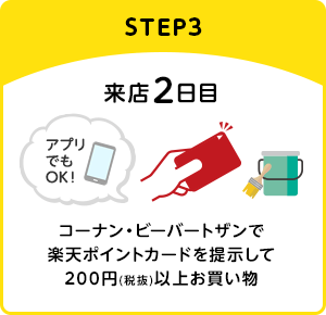 【STEP3】[来店2日目]コーナン・ビーバートザンで楽天ポイントカードを提示して200円(税抜)以上お買い物(アプリでもOK！)