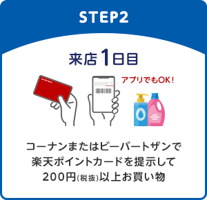 【STEP2】来店1日目/コーナンまたはビーバートザンで楽天ポイントカードを提示して200円(税抜)以上お買い物(アプリでもOK！)